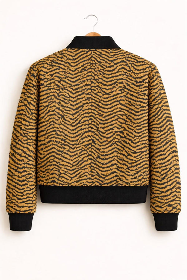 Tiger Print Wool Bomber Jacket Black Collar Streetwear Coat