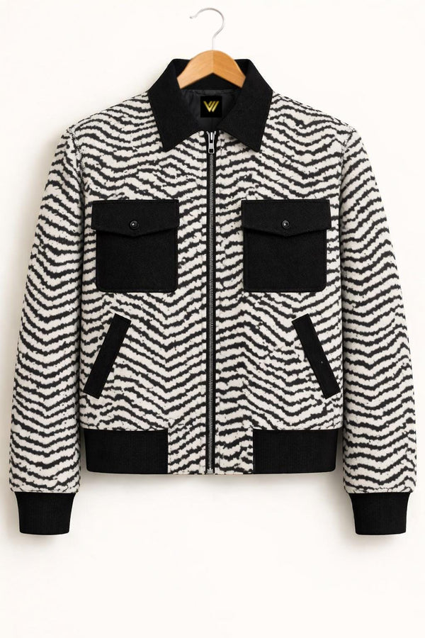 White Black Tiger Print Wool Bomber Jacket Unisex Coat
