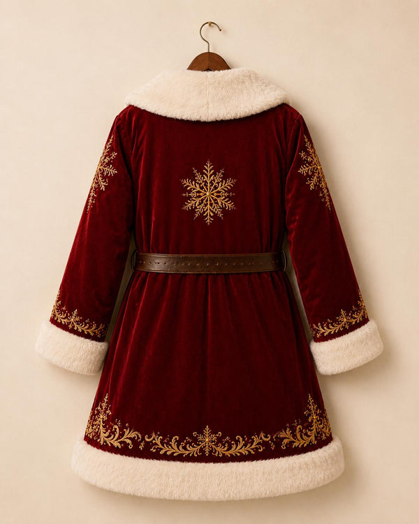 Luxury Red Christmas Coat: Golden Embroidery & Faux Fur Trim