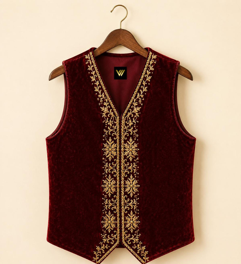 Luxury Embroidered Santa Vest Red Velvet Christmas Waistcoat