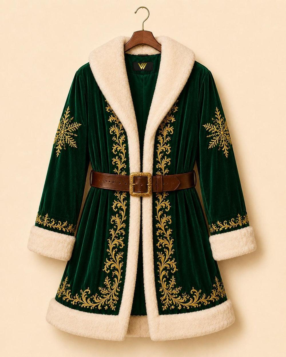 Victorian Santa Claus Coat Green Wool Christmas Robe with Faux Fur