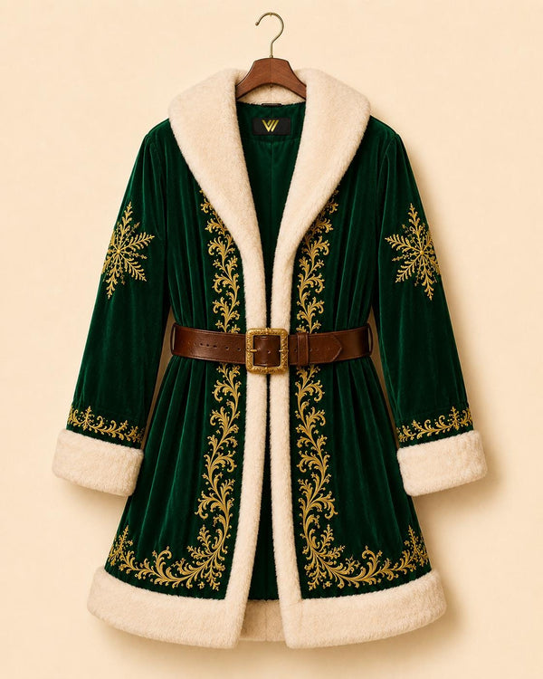 Victorian Santa Claus Coat Green Wool Christmas Robe with Faux Fur