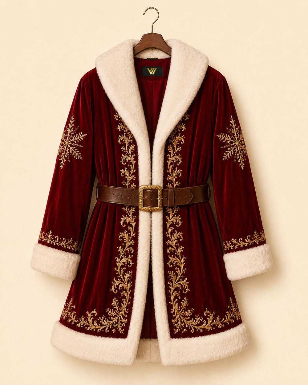 Luxury Red Christmas Coat: Golden Embroidery & Faux Fur Trim