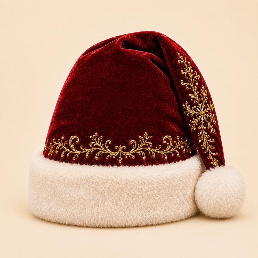 Luxury Velvet Santa Hat with Gold Embroidery Christmas Cap