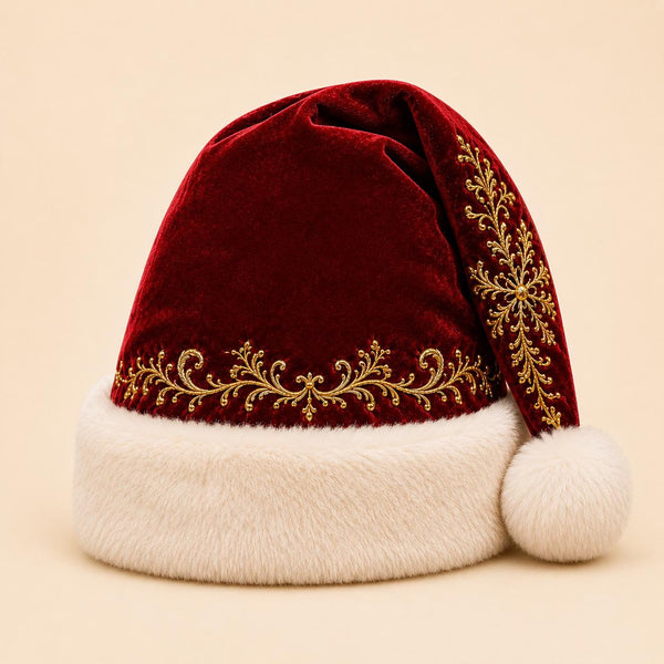 Luxury Velvet Santa Hat with Gold Embroidery Christmas Cap